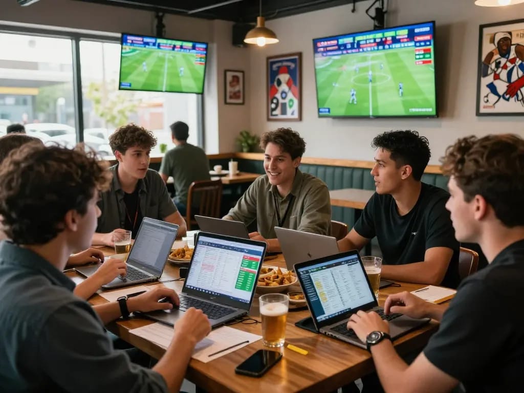 Exciting soccer betting experience showing tỷ lệ kèo trực tuyến updates in a lively sports bar.
