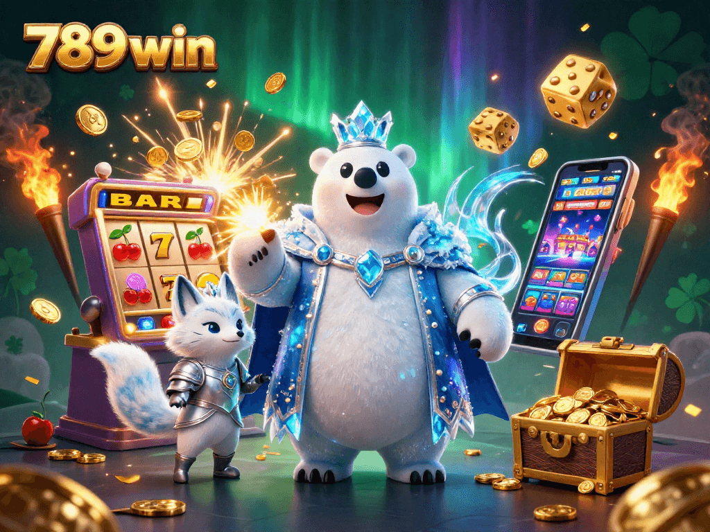 Engage with 789 win's vibrant scene featuring a polar bear king and silver fox amidst jackpot symbols.