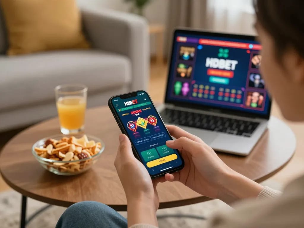 Engaging user placing bets on HDBET app while enjoying cozy home atmosphere.