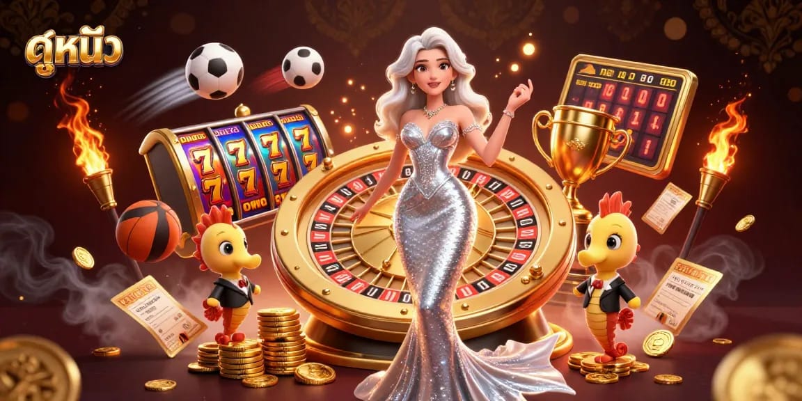 Experience ดูหนัง with a glamorous woman and friends at a golden roulette wheel, amidst vibrant casino elements.