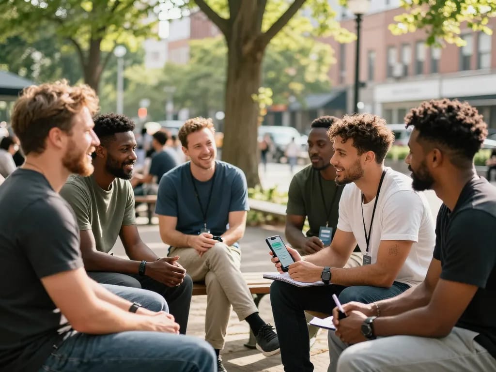 Men engaging in supportive discussion at a park, representing ManClub's community.
