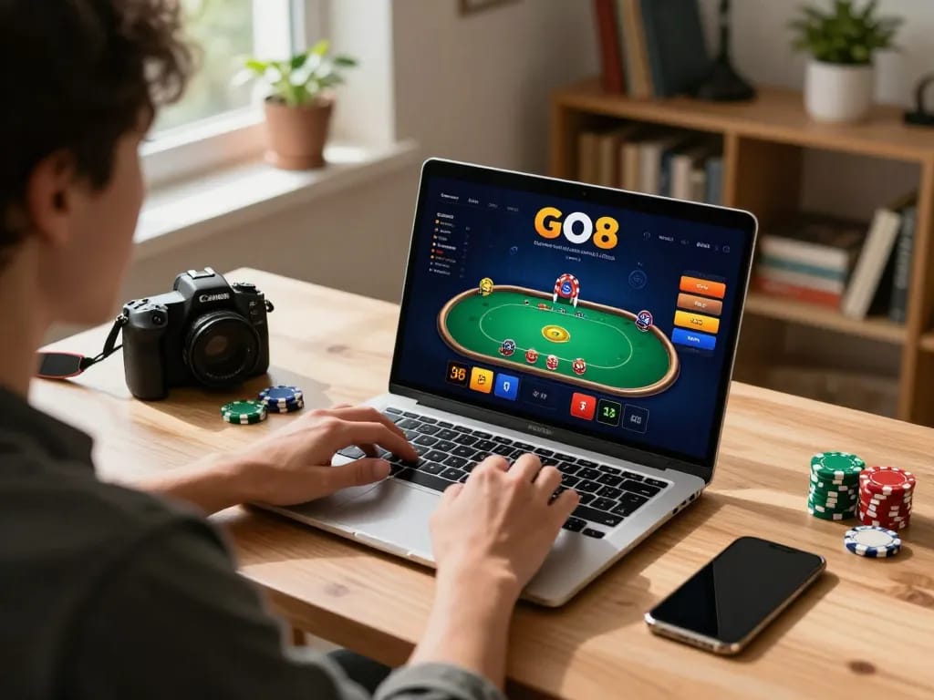 Engaging poker gameplay on the GO8 online casino at a stylish home setup with betting options displayed.