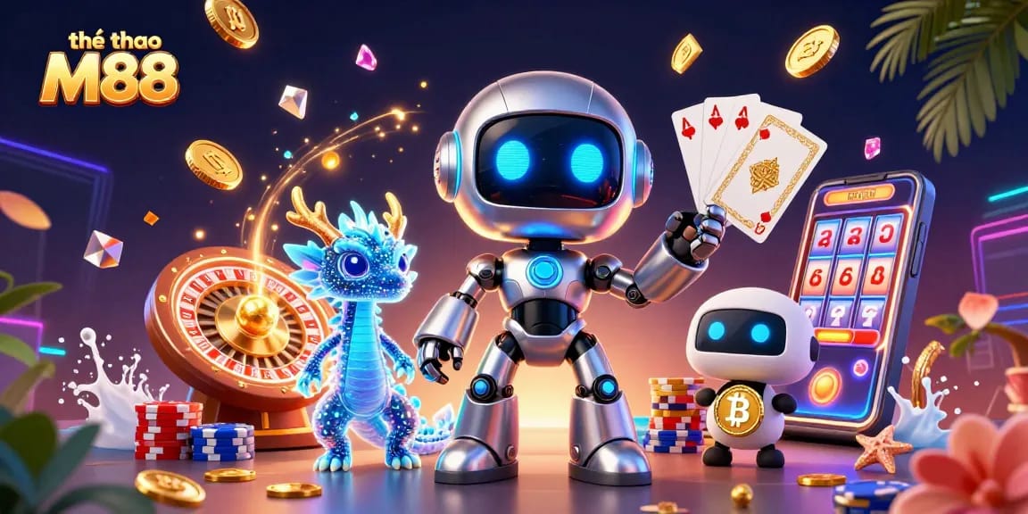 Engage in exciting betting action at thể thao M88 with a vibrant casino scene featuring playful characters and dynamic elements.