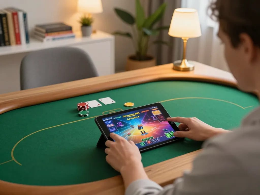 Person engaging in online poker gameplay on tablet in a cozy home setting featuring 78wingo.