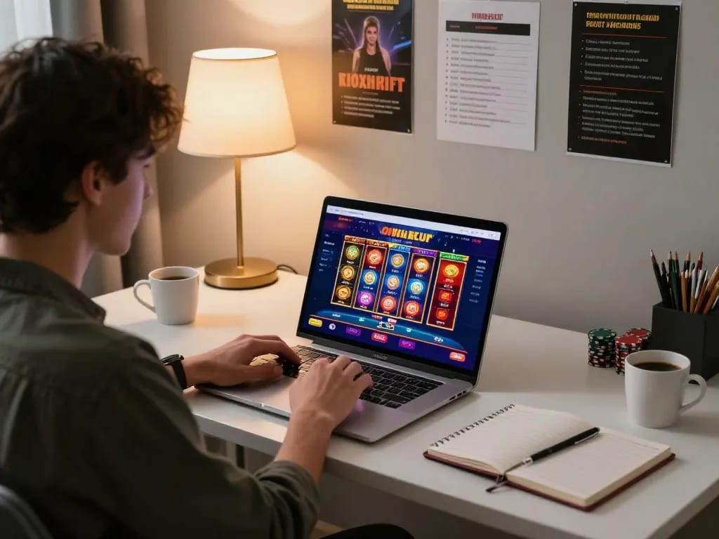 Player engaged in a debet online session, focusing on poker table graphics on their laptop amidst a cozy home setting.