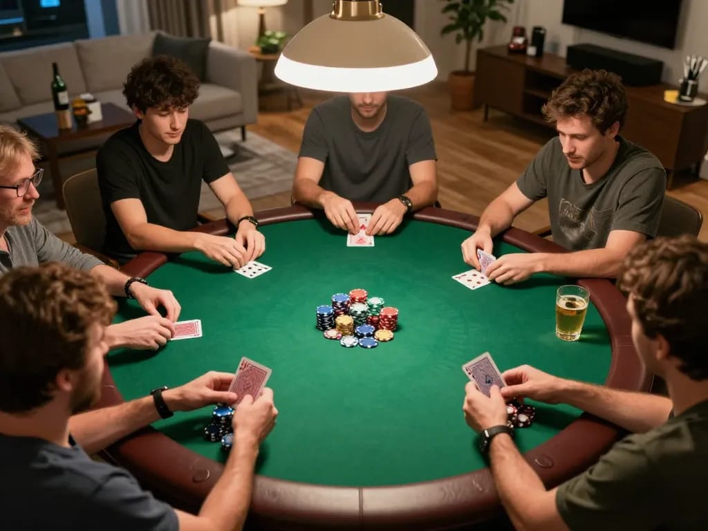 Engaging home poker game scene showcasing players' hands and strategies while exploring transport hydraulics in gameplay