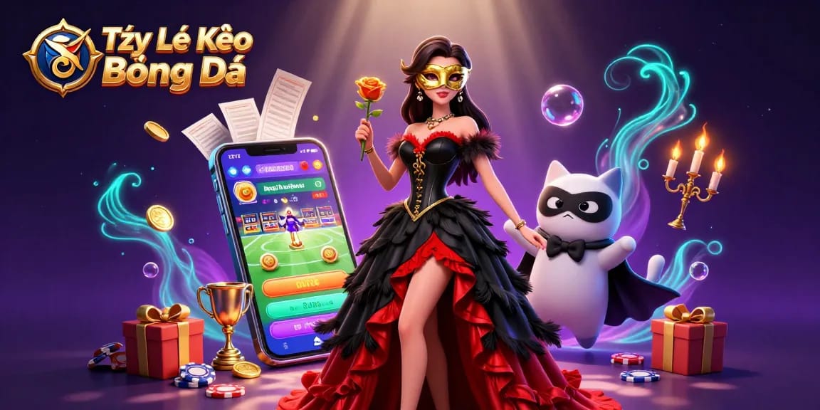 Tỷ Lệ Kèo Bóng Đá in dynamic betting action featuring a woman in a ballroom gown and a masked cat, surrounded by odds and game elements.