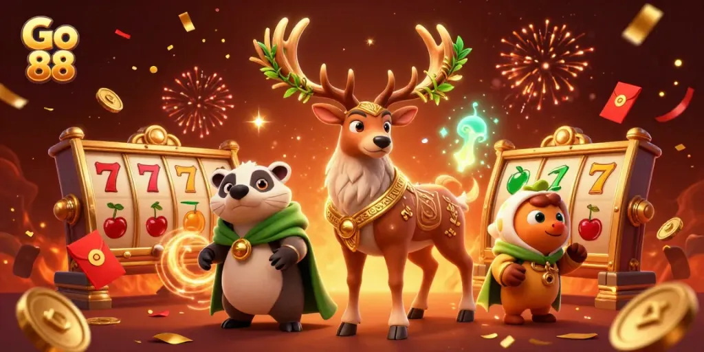 Go 88 captivating casino scene with druid stag, badger, and lively animated elements.
