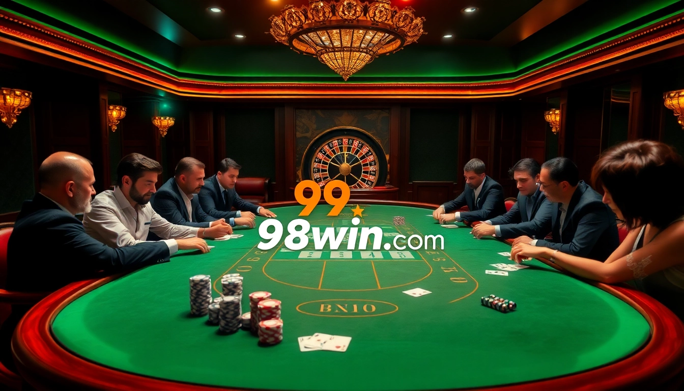 A thrilling poker game capturing the excitement at 98win .com with luxurious casino elements.