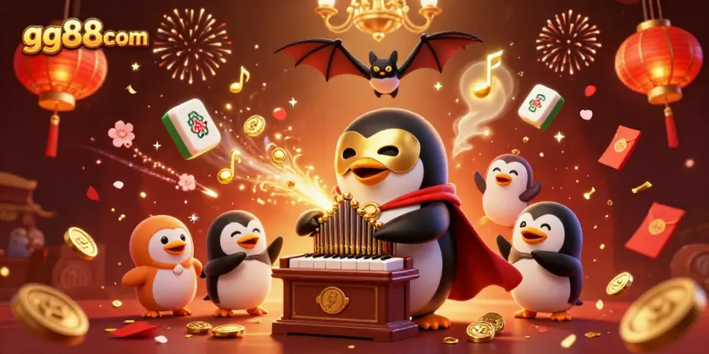 Witness the excitement of gg88com's online gaming with a magical casino scene filled with vibrant characters and festive elements.