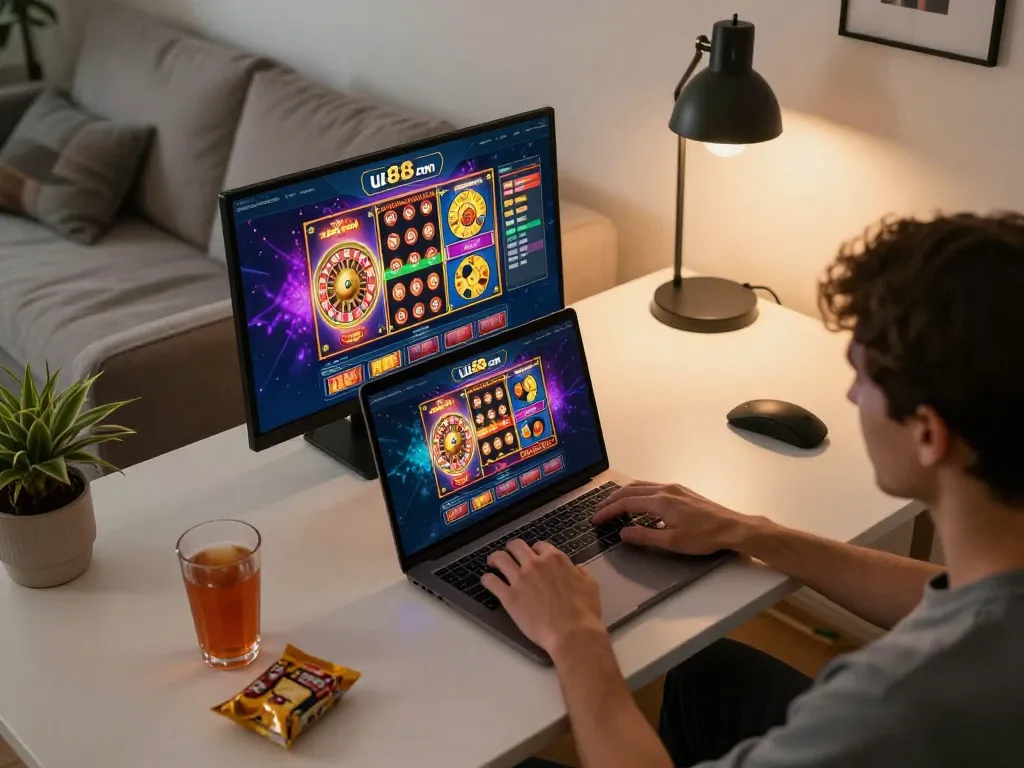Player engaging with the uu88 com online casino platform on a stylish gaming laptop setup.