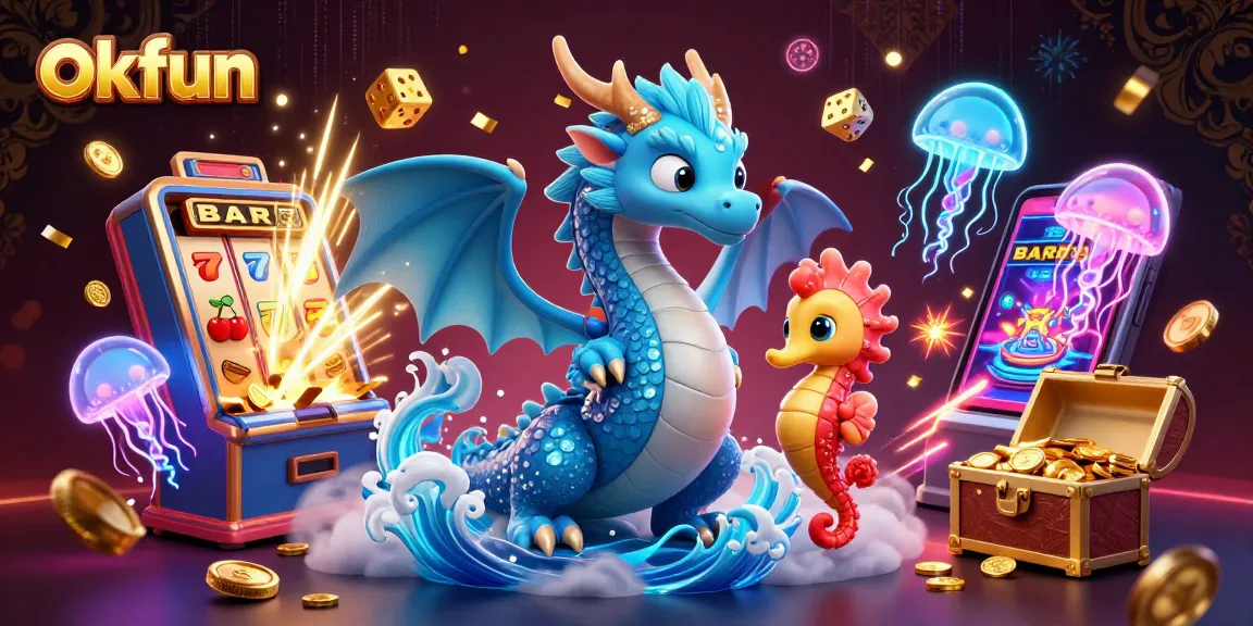 okfun captivates players with a vibrant, immersive 3D casino scene filled with slot machines and fantasy characters.