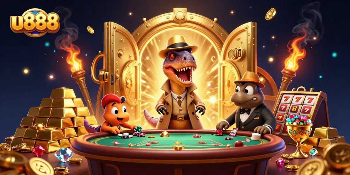 Experience the thrill of u888 with cartoon dinosaurs at a blackjack table, surrounded by treasures.