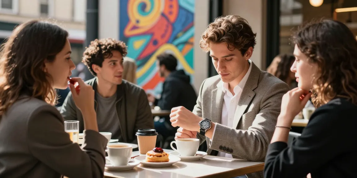 Highlighting a premium replica watch while enjoying café culture with friends.