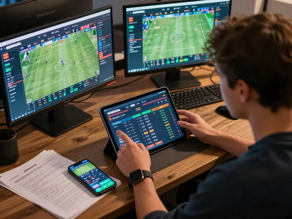 Engaging online sports betting experience with NOWGOAL highlighted, person analyzing live match statistics and odds.