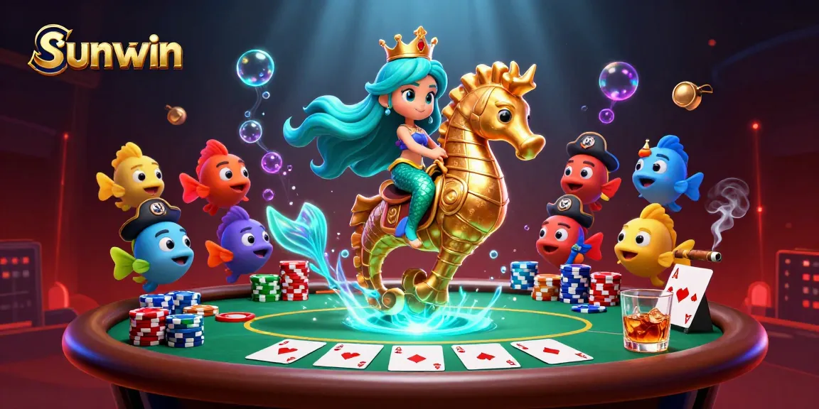 Engage with sunwin's vibrant underwater casino scene featuring a mermaid princess and poker excitement.