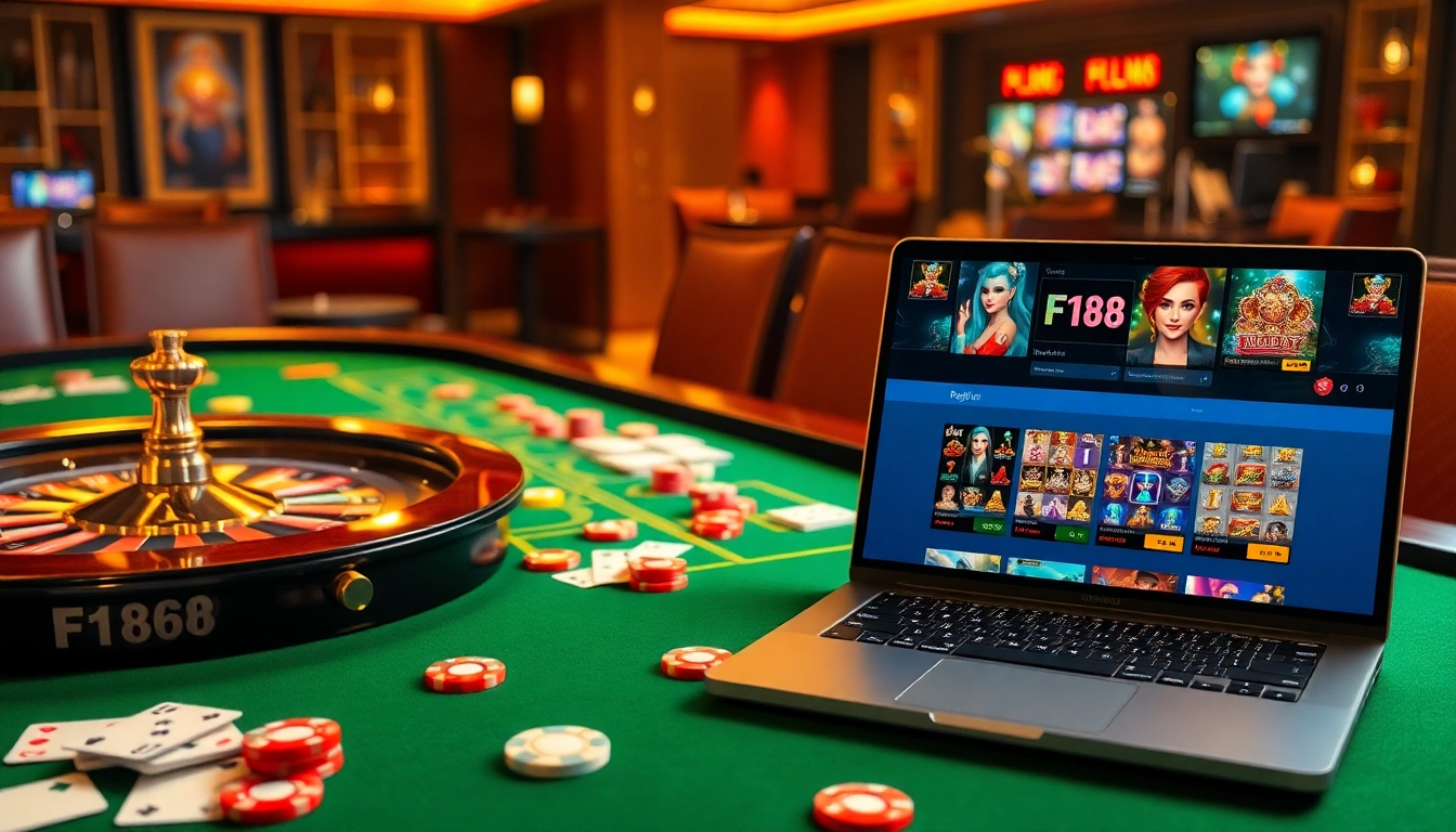 Engaging scene illustrating đăng ký F168 with vibrant casino elements for online gambling excitement.