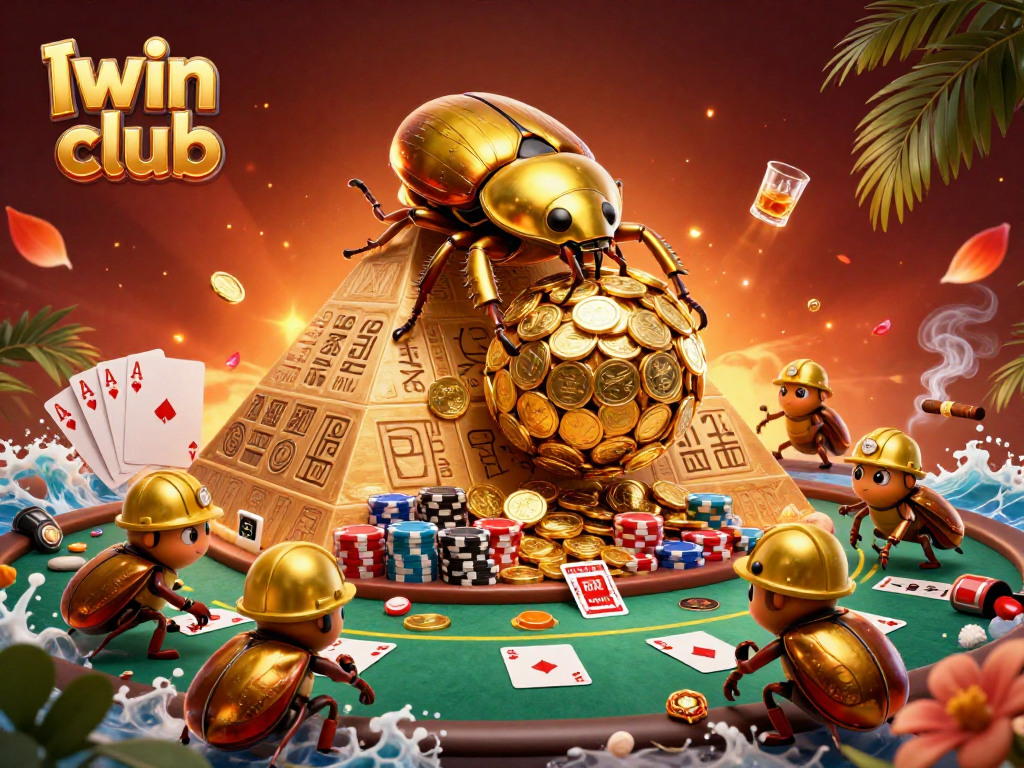 Engage with the Iwin club as a lavish golden beetle rolls coins up a pyramid amid vibrant casino elements.