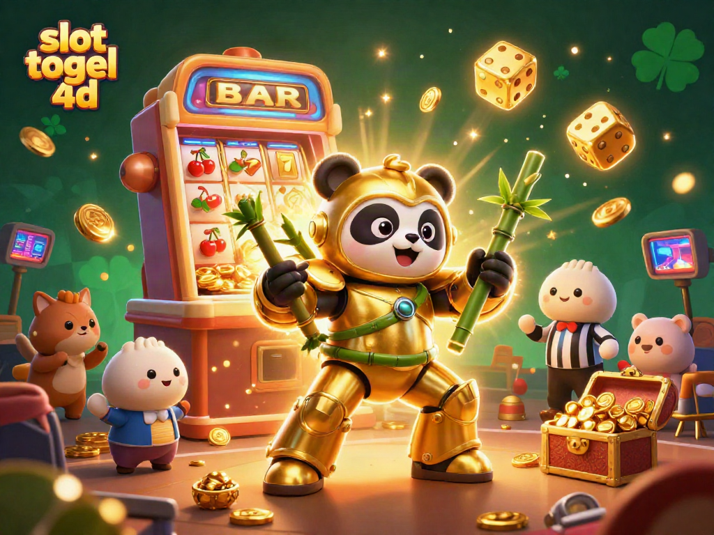 Engage in slot togel 4d with energetic 3D illustration of a golden panda and vibrant casino elements.