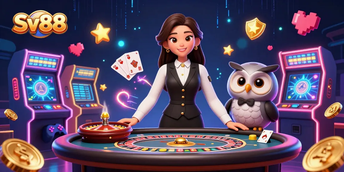 Engage in thrilling games at Sv88 with a skilled dealer and vibrant casino elements surrounding them.