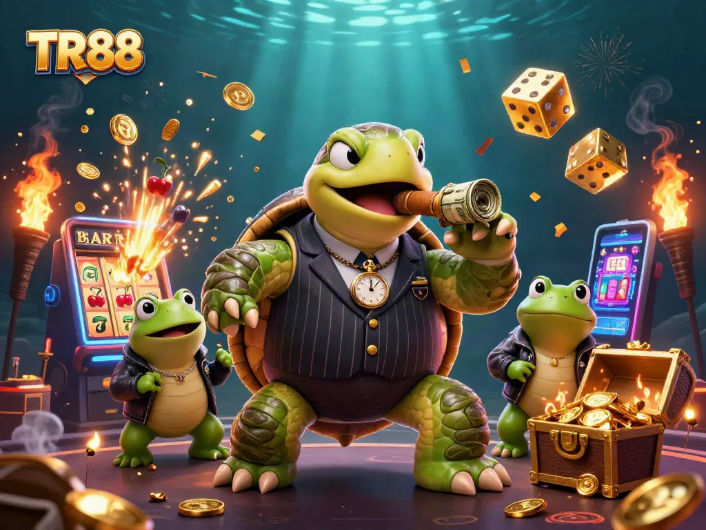 Win big with TR88 as cartoon characters revel in a vibrant casino atmosphere, surrounded by jackpots and games.