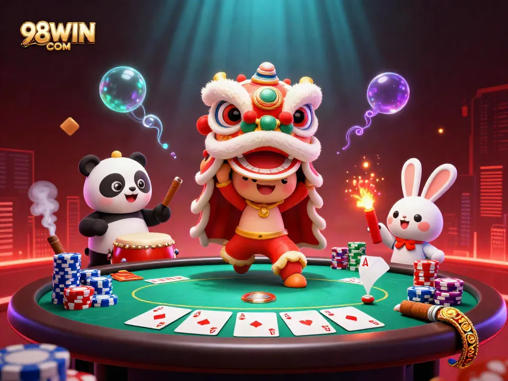Celebrate winning moments at 98WIN COM with a vibrant lion dance and poker scene.