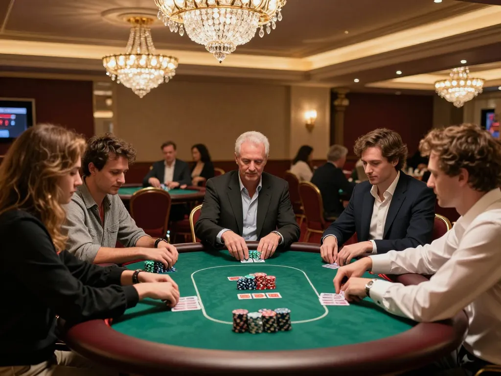 Players strategizing at a poker table in an upscale casino, showcasing uu88.com for responsible betting.