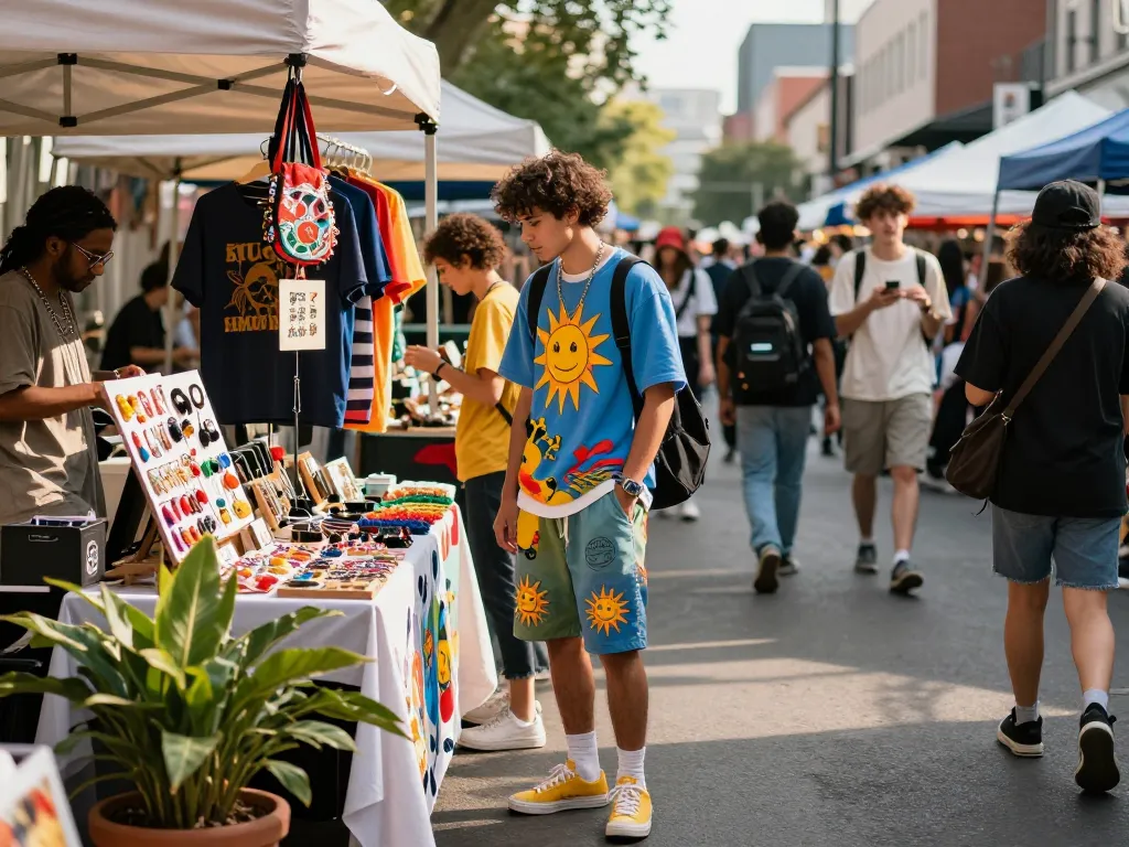 Individual in sunwin streetwear exploring urban market filled with vibrant fashion and accessories.