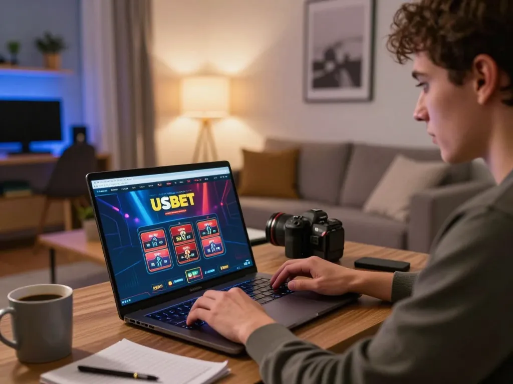 Engaging scene of a player using Usbet for online casino strategies in a cozy home setting
