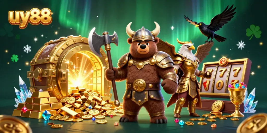 Spin to win with uy88, featuring a Viking bear and Valkyrie eagle in a magical casino adventure.