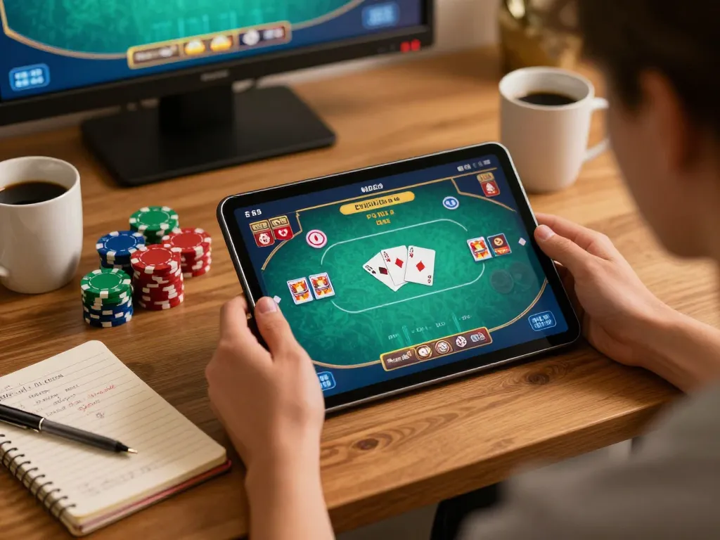 TG88 user engaged in online casino gaming with tablet, showcasing strategic gameplay.