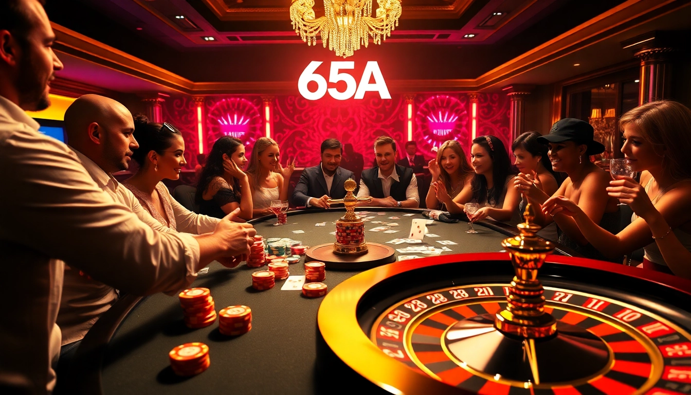 A thrilling casino scene featuring eager players at a poker table, showcasing 65A's vibrant gaming atmosphere.