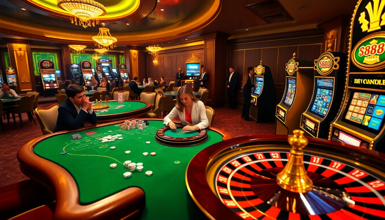 Engaged players in a luxurious casino scene at 888b with vibrant poker chips and spinning roulette.