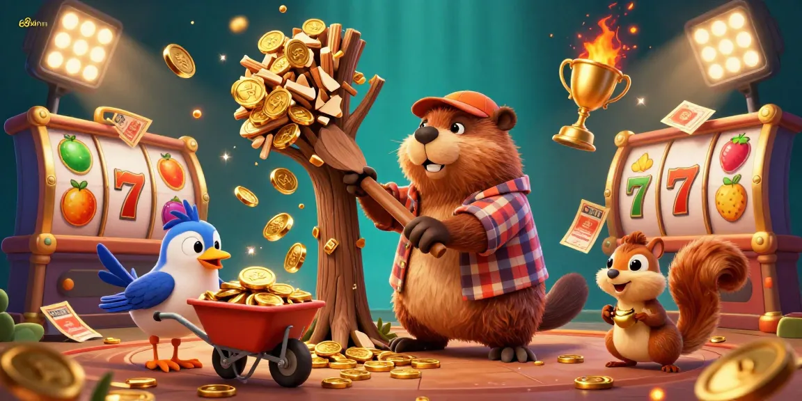 Experience the thrill of gaming with 68win vip as a 3D cartoon beaver brings golden coins raining down in a vibrant casino.