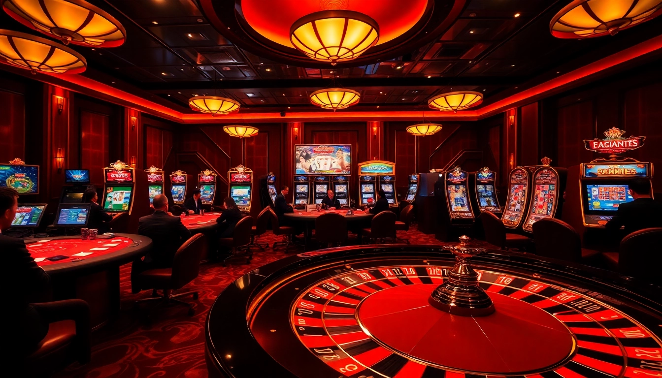 Excited players engaging at a luxurious casino scene reflective of https://lc88comm.com/ with roulette, slots, and chips.