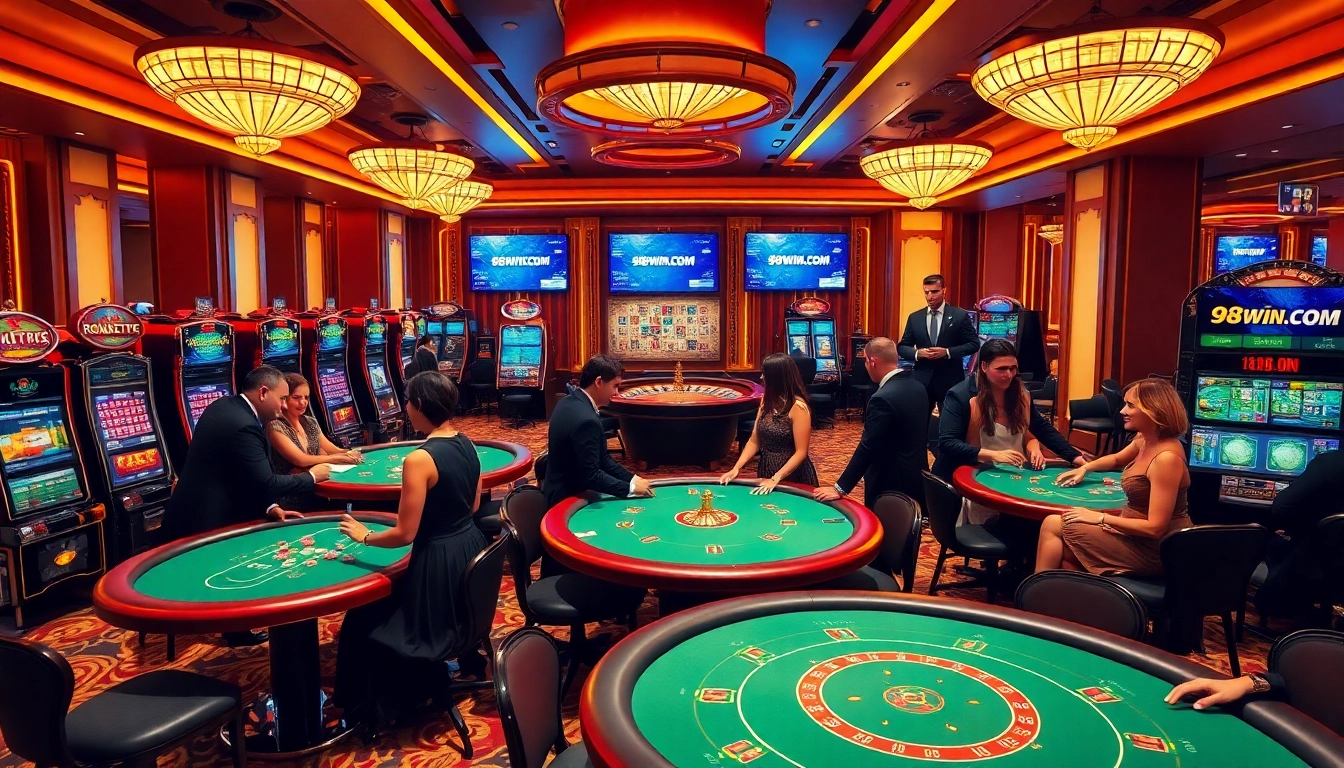 Excited players experiencing live action at 98win.com casino, engaging with poker tables and slot machines.