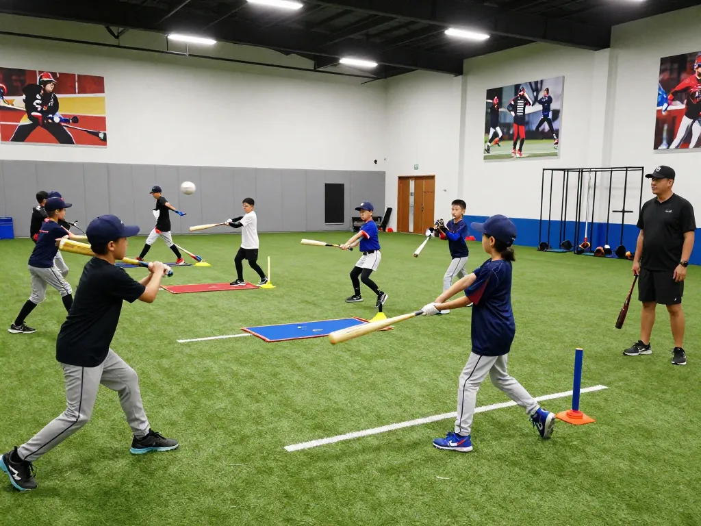 Hitclub athletes practicing baseball techniques in a modern training facility.