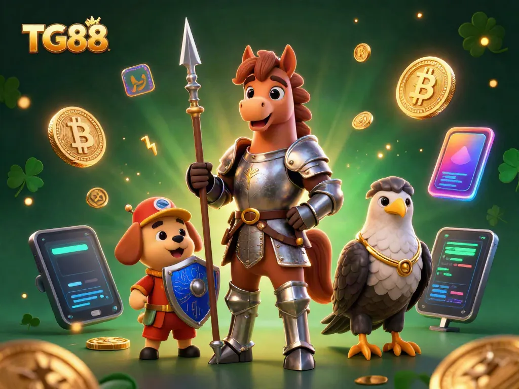 Engage in thrilling gaming experiences at TG88, featuring a knight, a puppy squire, and a falcon amidst crypto elements.