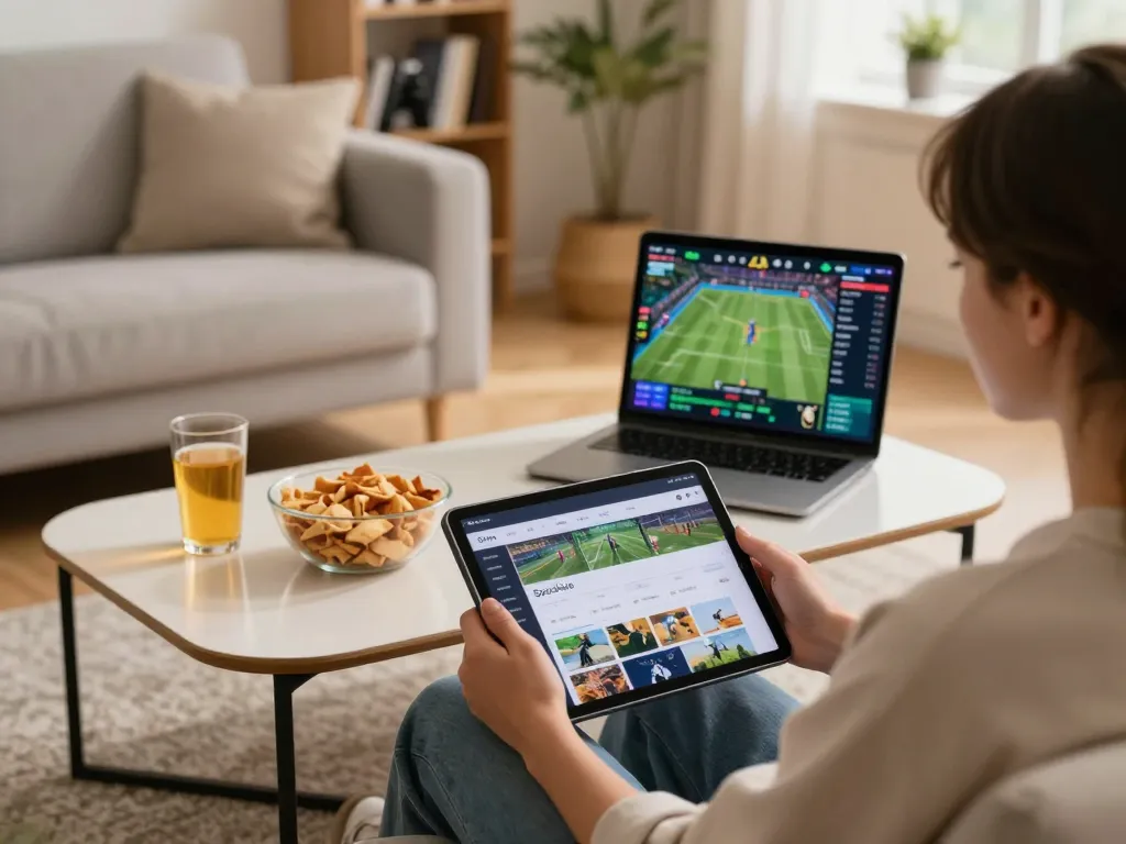 Socolive user engaging with tablet in a cozy home setup for live sports gaming.