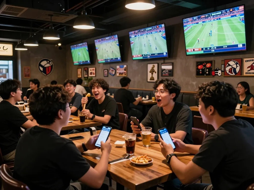 Bongdalu users engaging in live sports betting at a lively sports bar, excitement palpable