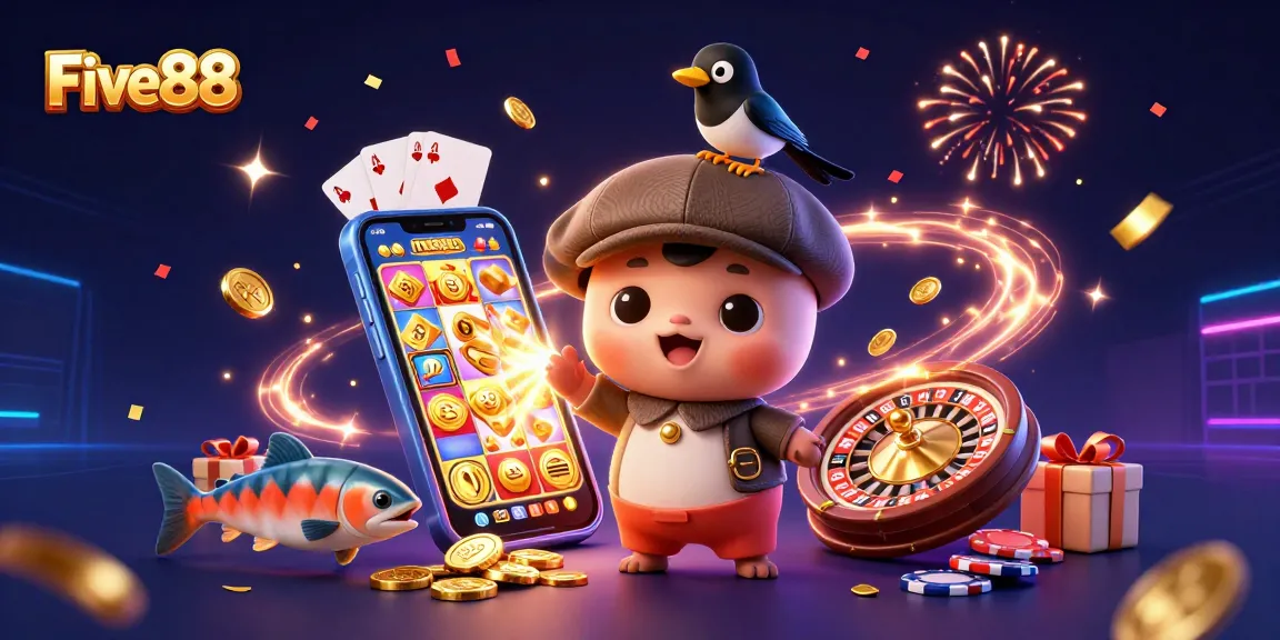 Engage with Five88's colorful slot games in this ultra-detailed illustrated scene featuring playful characters.