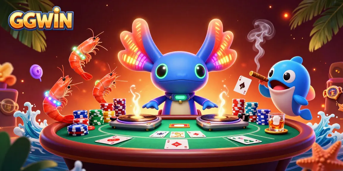 Spin to win at GGWIN with a vibrant casino scene featuring a DJ axolotl and poker elements.