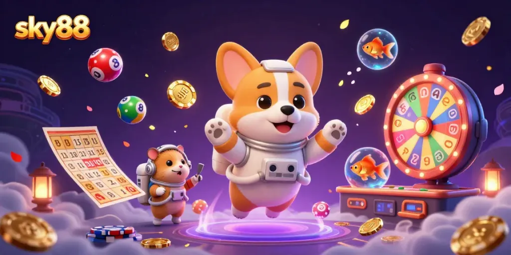 Engage in thrilling gaming action at sky88 with astronauts and vibrant casino elements.