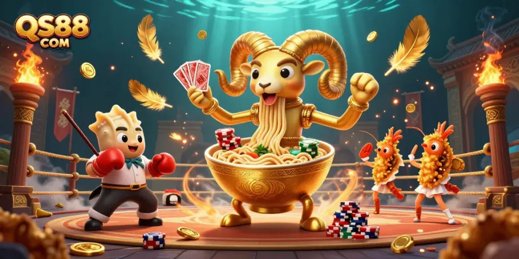 Engage with thrilling gaming action at QS88 COM with our unique casino illustration featuring vibrant characters.