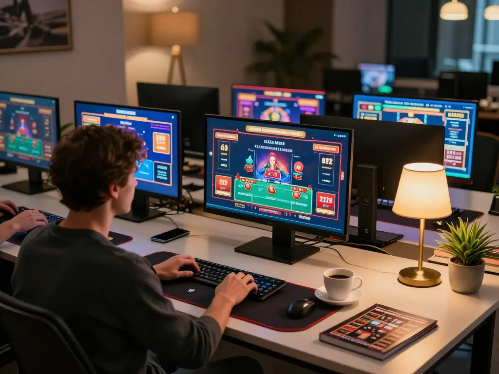 Engaging with MM88 online casino from a vibrant gaming setup, showcasing strategy and excitement.