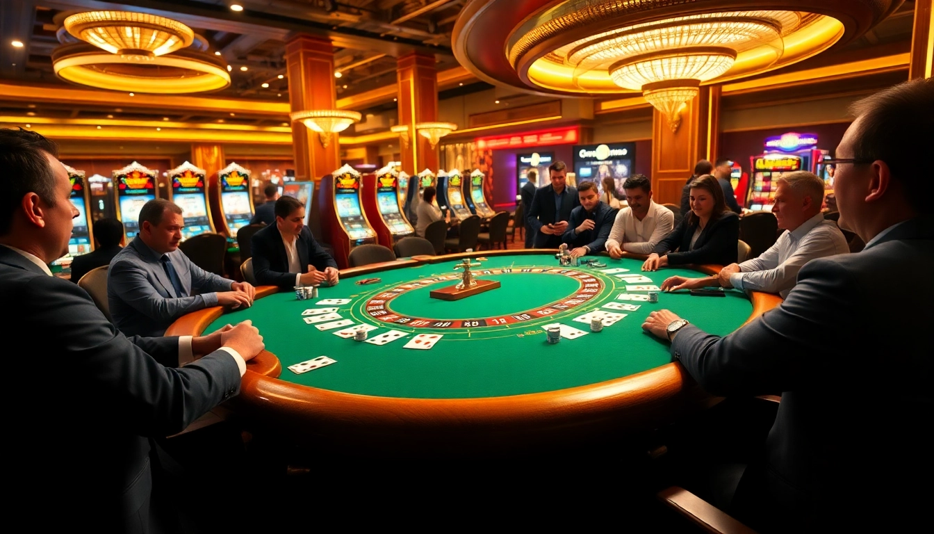Exciting casino atmosphere with blackjack and roulette, highlighting 98win com gaming experience.