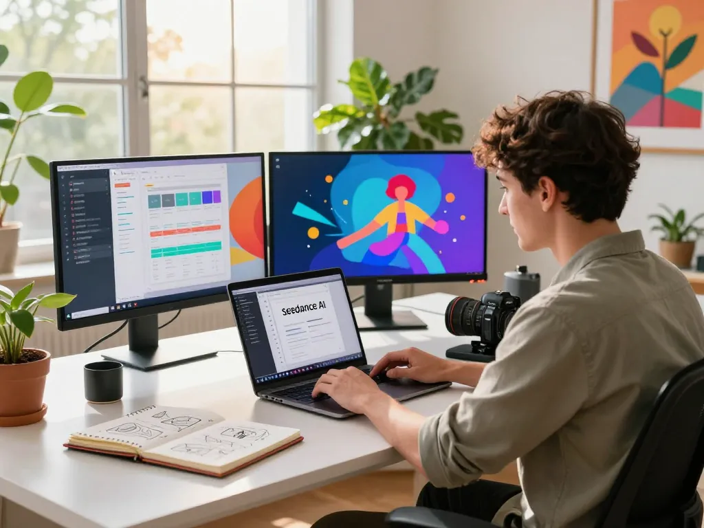 Creative workspace utilizing seedance ai for dynamic video projects with vibrant decor and natural lighting.