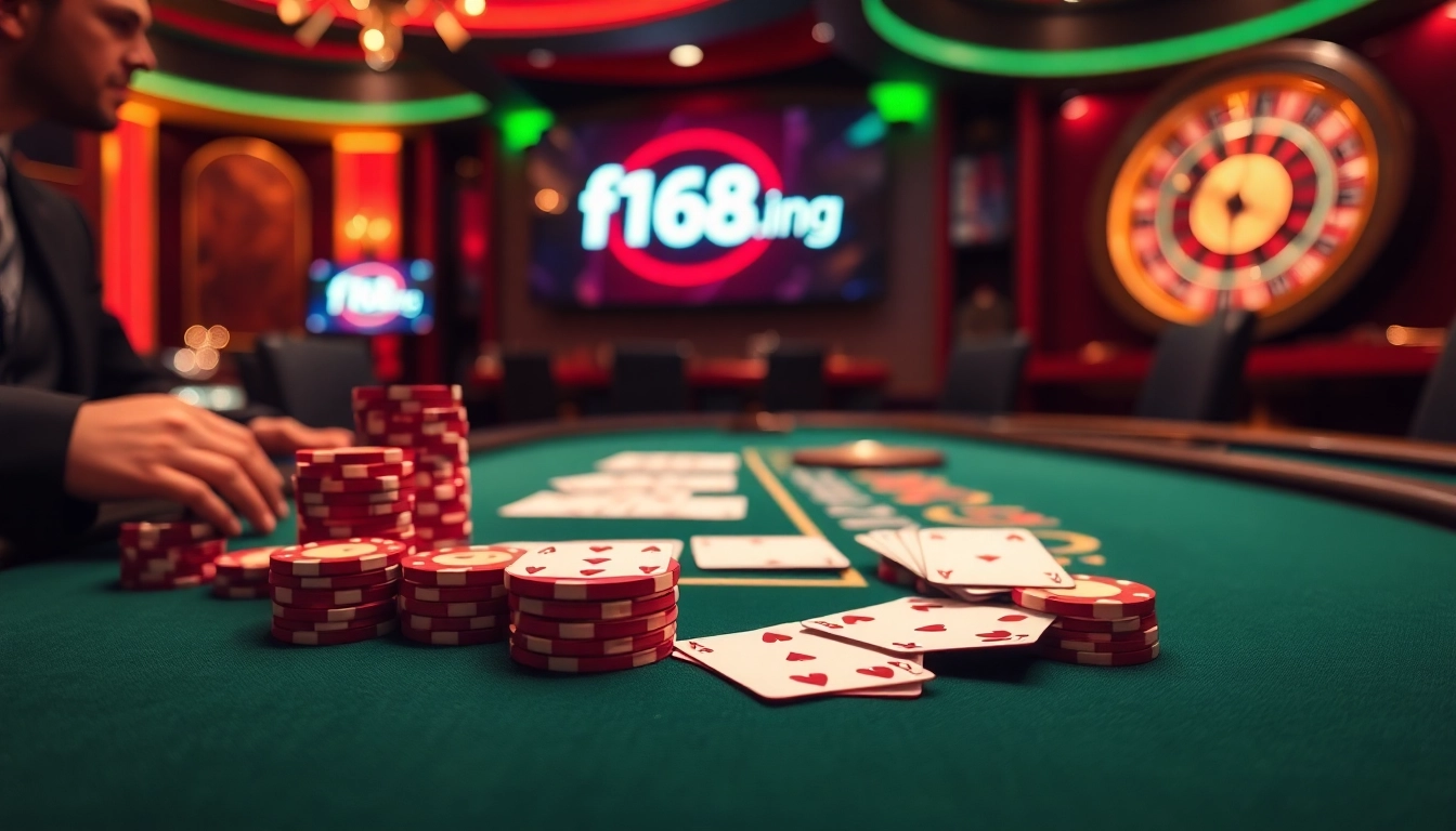 Experience the thrill of f168.ing with a vibrant casino scene showcasing a blackjack table.