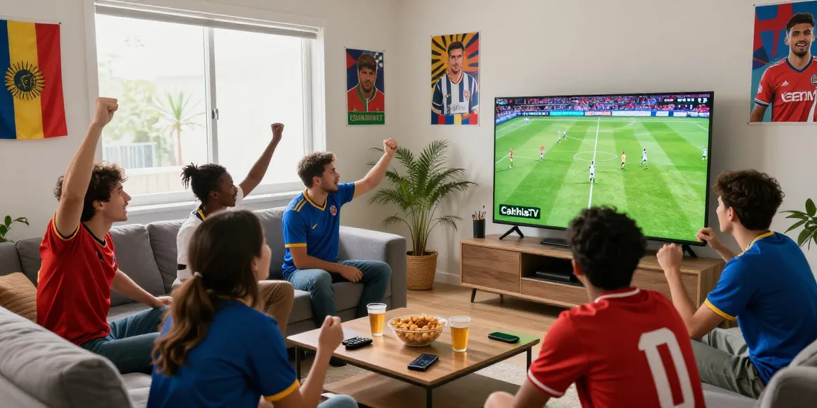 Excited fans watching trực tiếp bóng đá CakhiaTV in a lively living room, celebrating football action together.