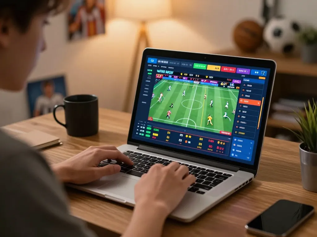Bet on your favorite sports matches using OKFUN online betting platform in a cozy home setting.